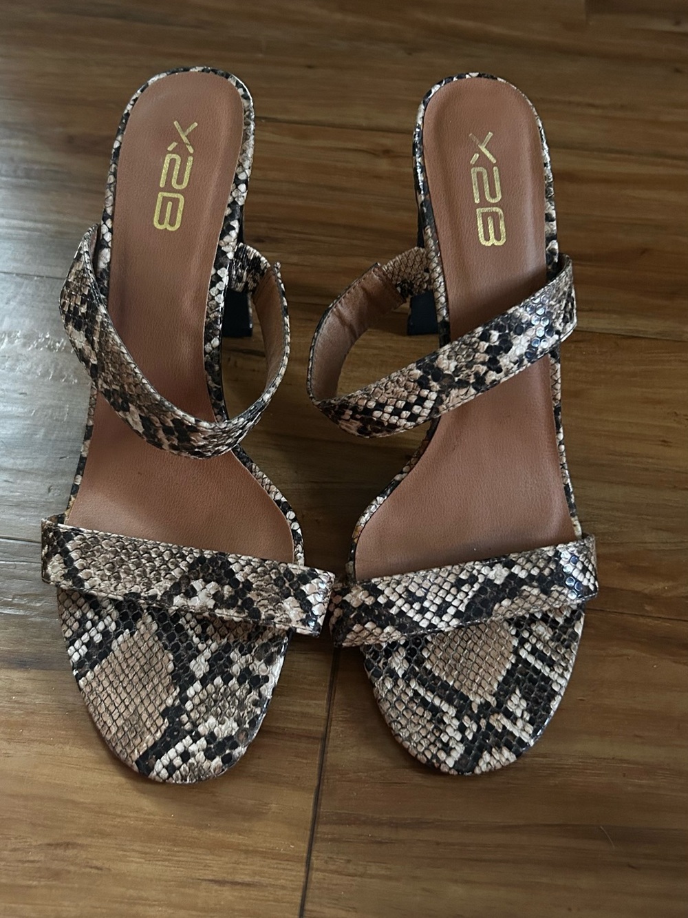 Snake-Print Slide Heels in Tan and Black